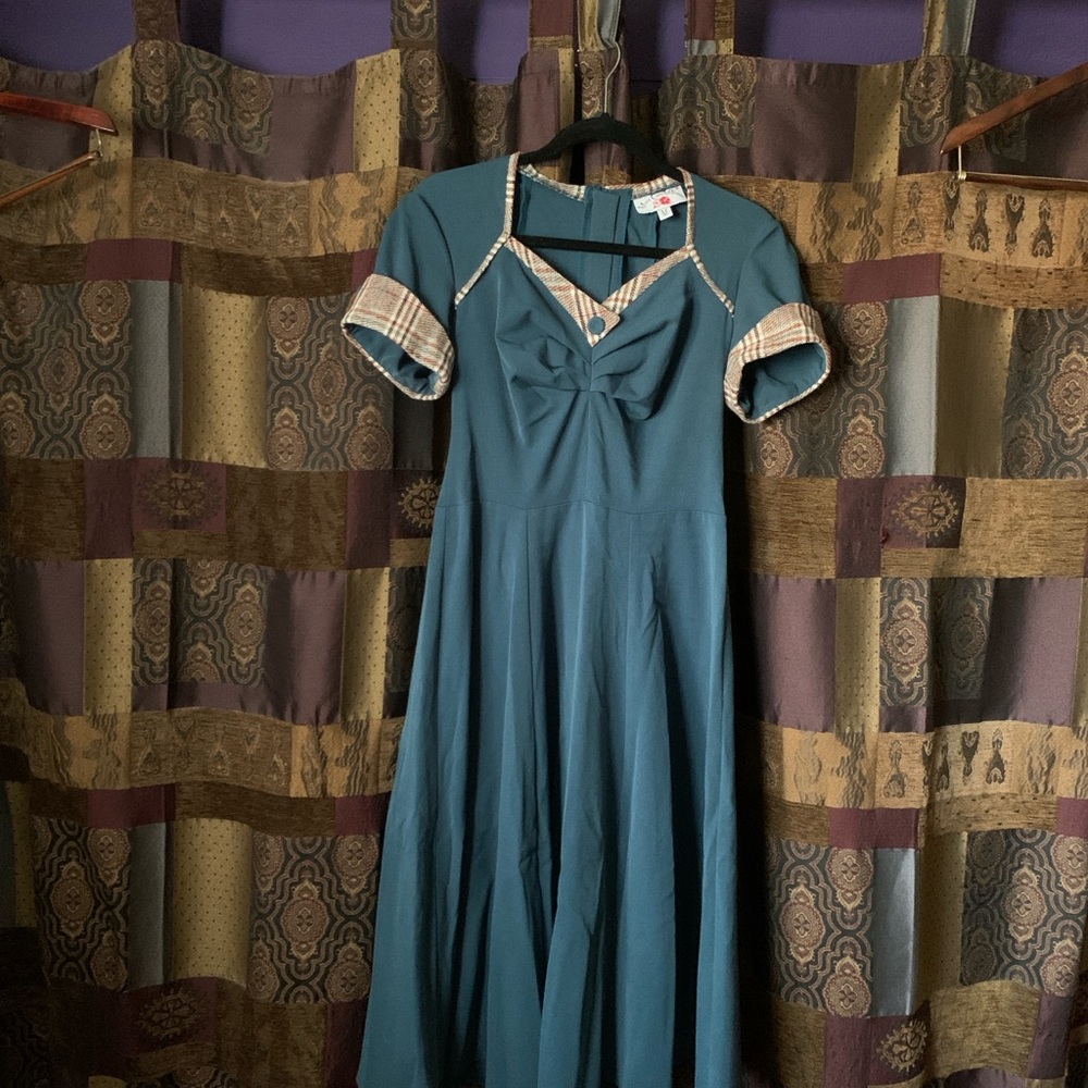 Elegant Teal Dress with Plaid Accents